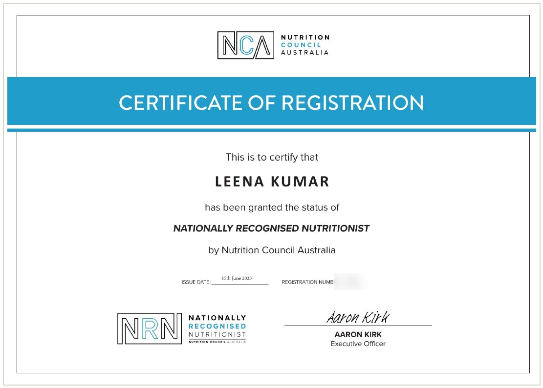 Certificate of Registration, Nationally Recognised Nutritionist, Leena Kumar, Nutrition Council Australia