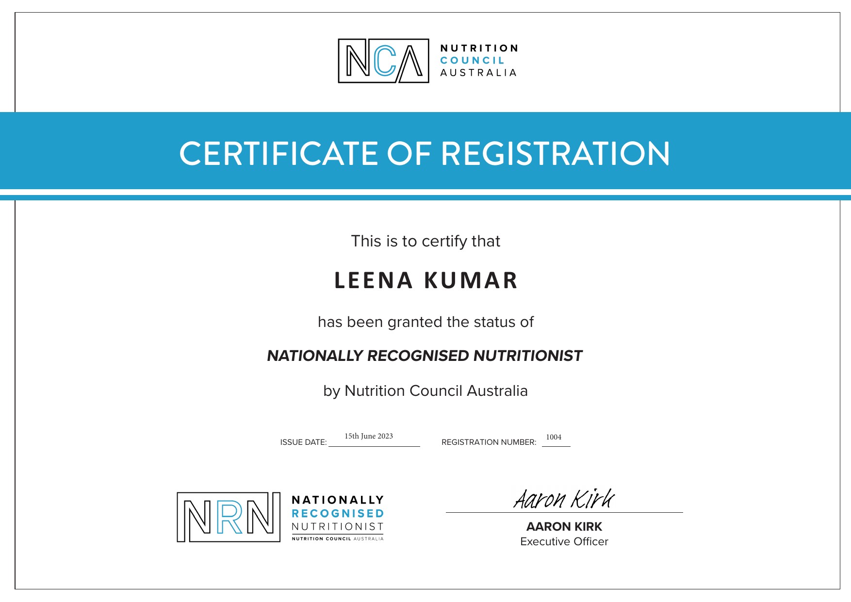 Certificate of Registration — Nationally Recognised Nutritionist, Leena Kumar, Nutrition Council Australia