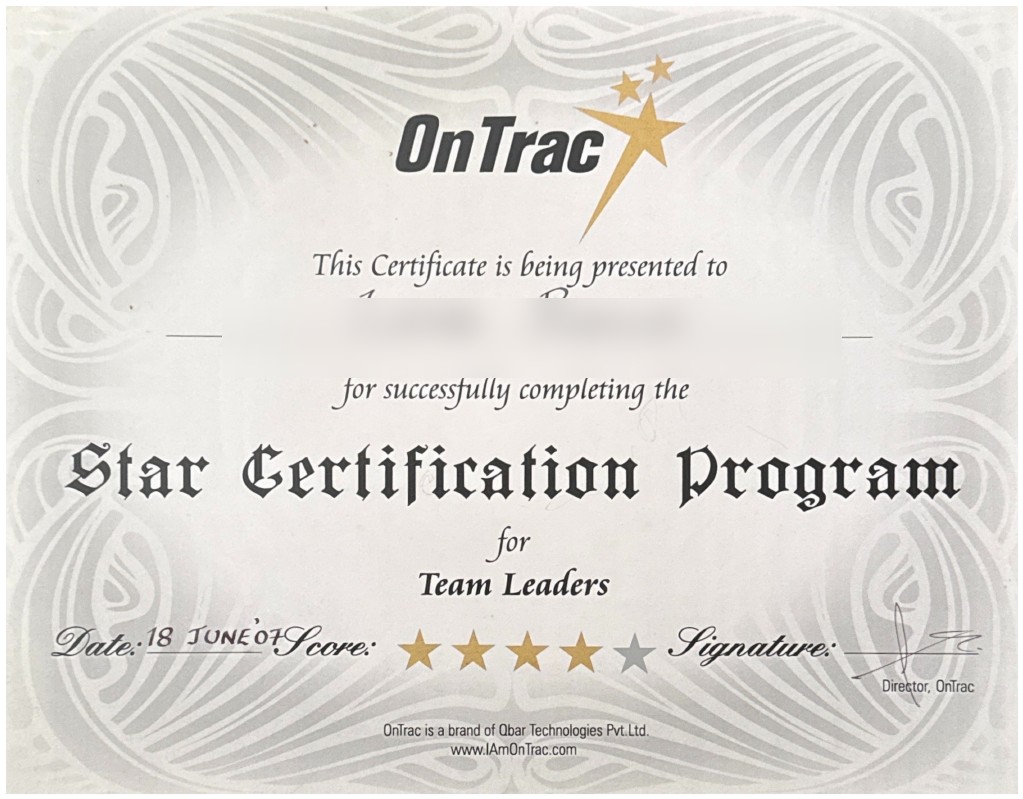 Star Certification Program for Team Leaders certificate, OnTrac, name redacted for privacy