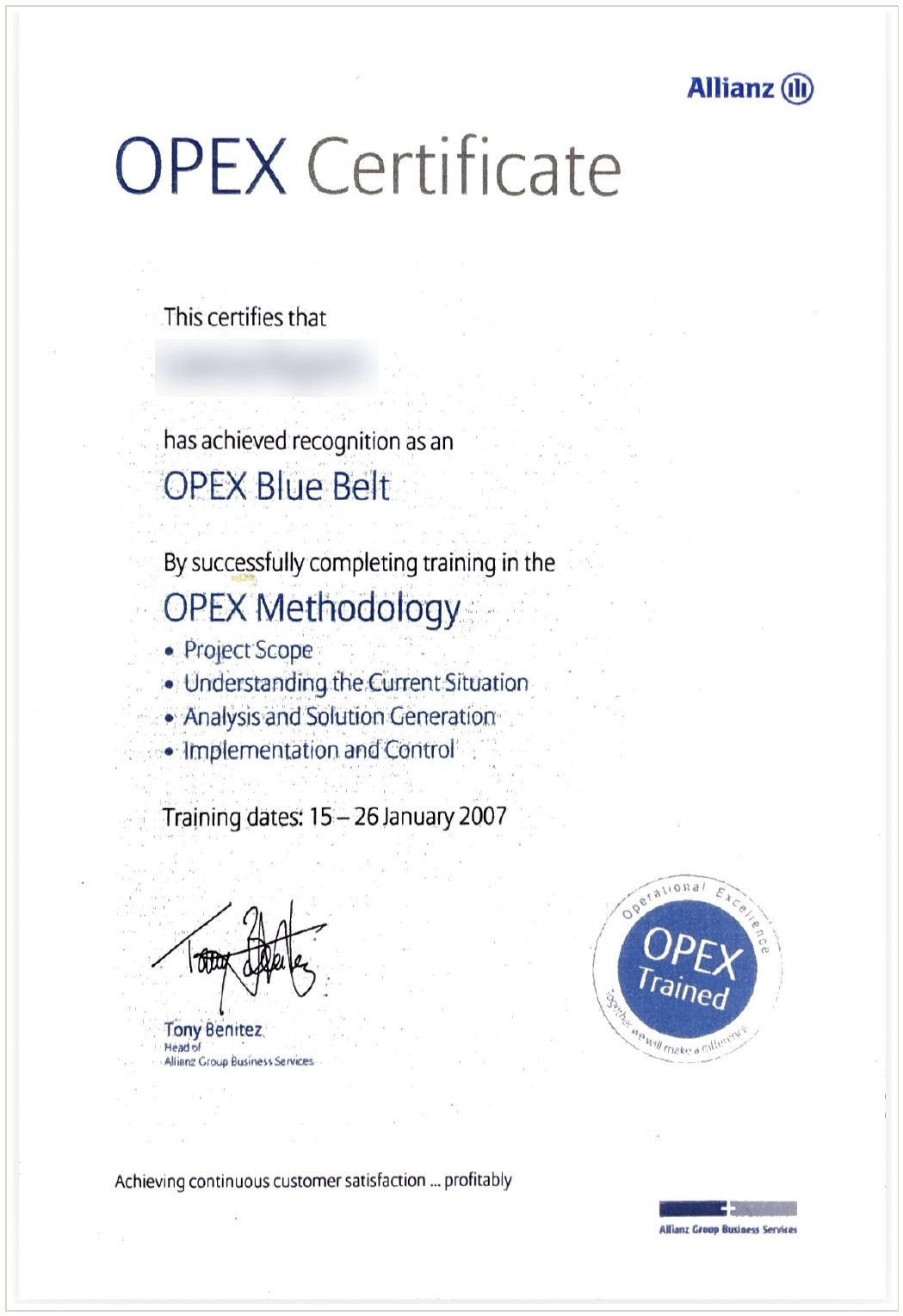 OPEX Blue Belt Certificate, Operational Excellence Methodology, name redacted for privacy