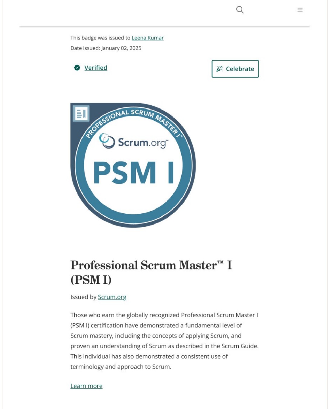 Professional Scrum Master I badge, issued to Leena Kumar by Scrum.org, January 2025
