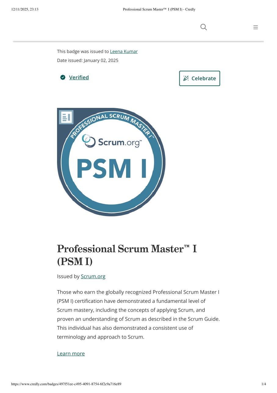 Professional Scrum Master I badge — issued to Leena Kumar by Scrum.org, January 2025