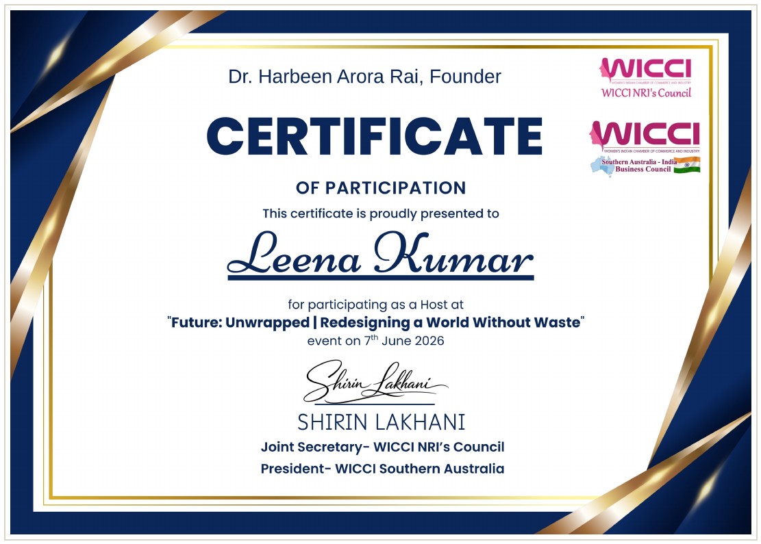WICCI Certificate of Participation, Leena Kumar, Host at Future: Unwrapped, WICCI Southern Australia, June 2026